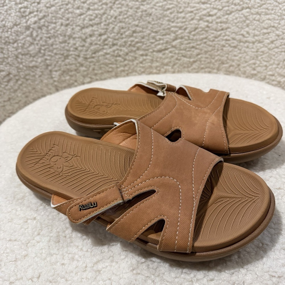 KuaiLu Women's Comfort Slide Sandals Tan Adjustable Strap Cushioned Size 8